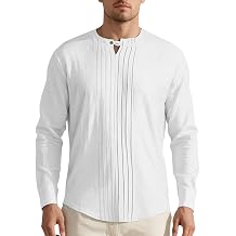 Men Casual Pleated Long Sleeve Shirt Summer Trendy Retro Button Crew Neck Top Travel Vacation Loose Breathable Shirts