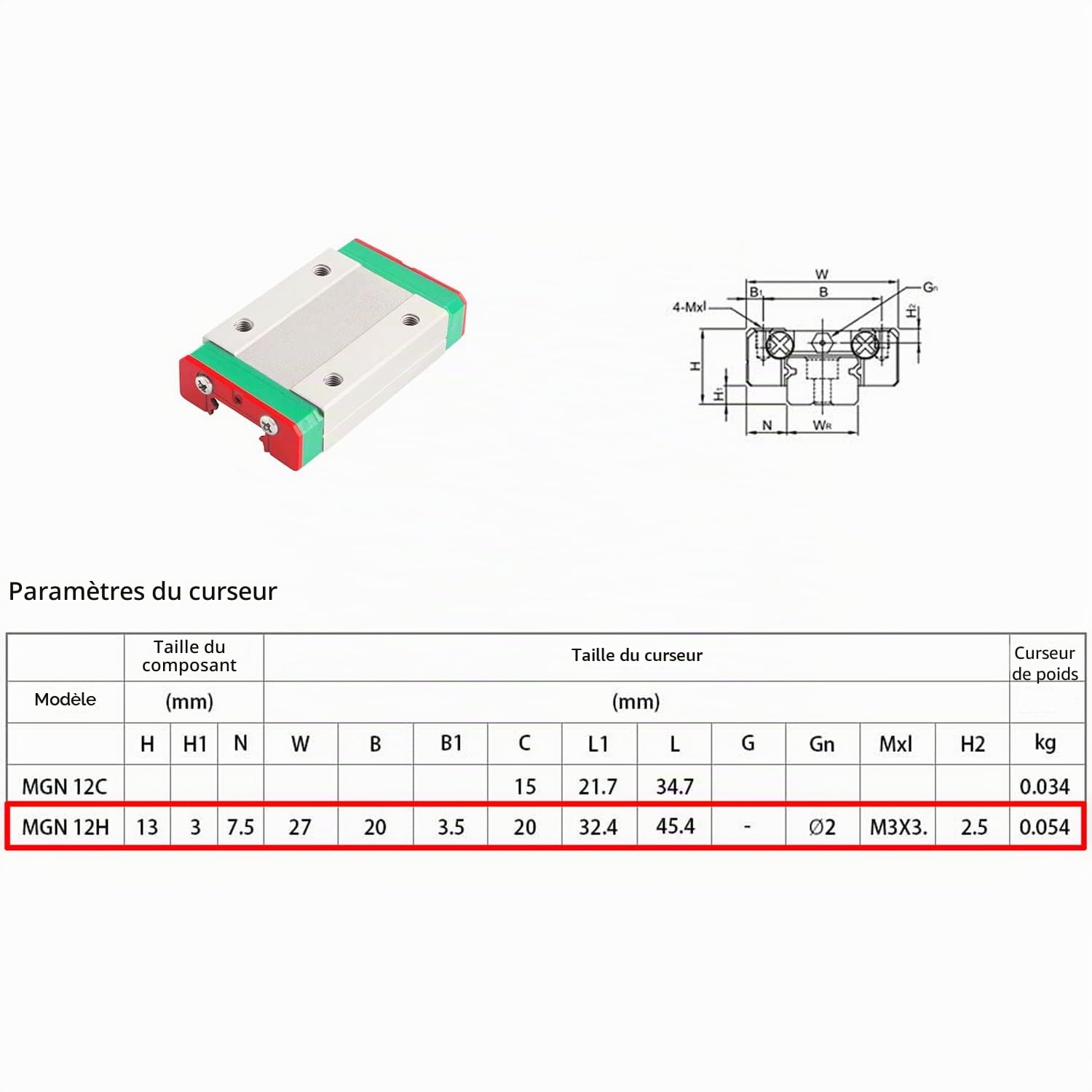 Mini guide de rail linéaire MGN12H 300 MM, guide coulissant linéaire avec bloc de chariot 1 pièces pour imprimante bricolage et Machine CNC