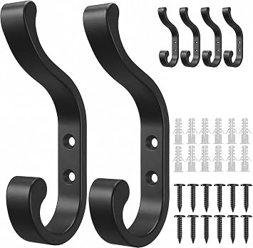 Wall Hooks for Hanging Coats - 6-Pack Heavy Duty Wall Hooks, Hold 30LB for Backpacks, Towels, Coats, Keys, Clothes - Black Wall Mounted Hook for Bathroom, Closet, Door, Mudroom