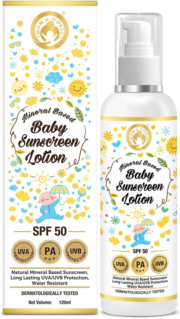 Mom & World Mineral Based Baby Sunscreen Lotion, SPF 50 PA+++, 120ml - UVA/UVB Protection, Water Resistance