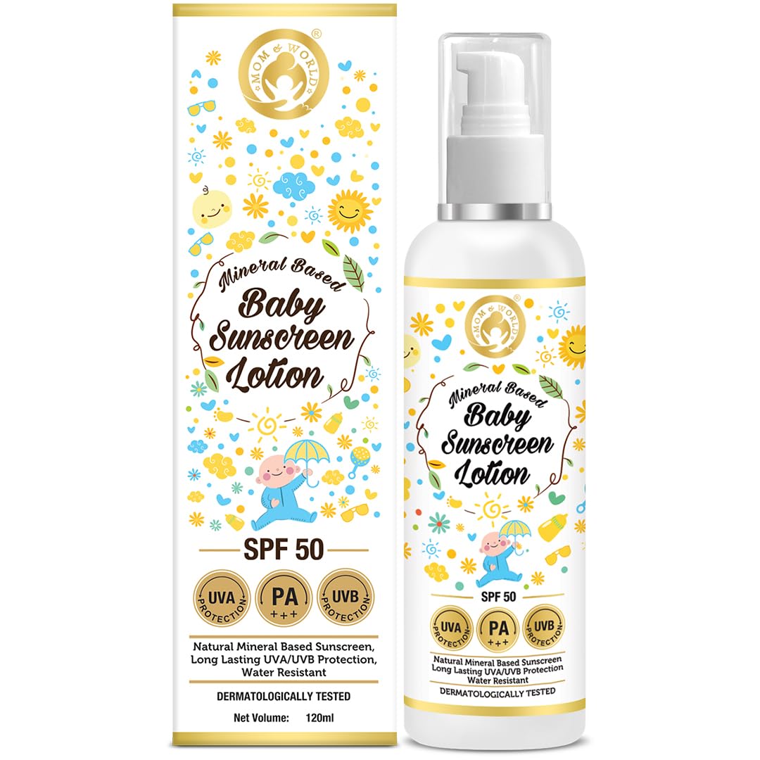 Mom & World Mineral Based Baby Sunscreen Lotion, SPF 50 PA+++, 120ml - UVA/UVB Protection, Water Resistance