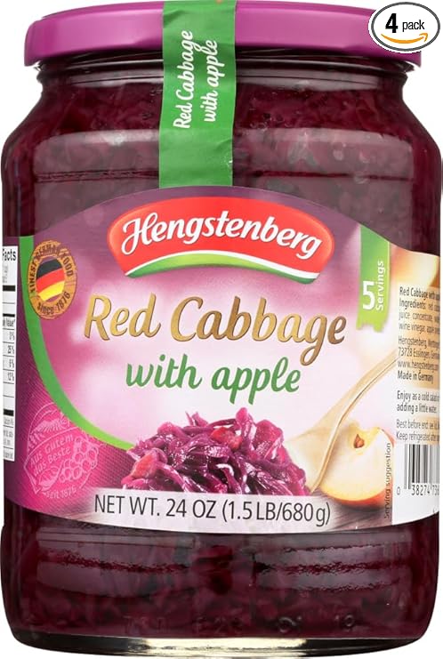 Four jars of Hengstenberg Red Cabbage with Apple, showcasing the vibrant red cabbage and apple pieces.