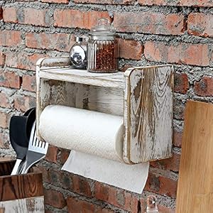 MyGift Paper Towel Roll Holder Shabby Whitewashed Wood Farmhouse Wall Mounted Kitchen Napkin Dispenser Rack with Top Storage Shelf Spice Racks