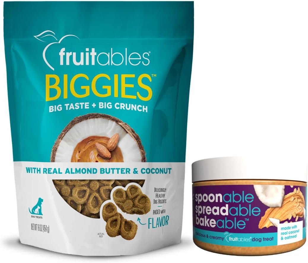 FruitablesBiggies Crunchy Almond Butter & Coconut 16oz with Oatmeal & Coconut Spread 7oz, Treat Bundles for Dogs