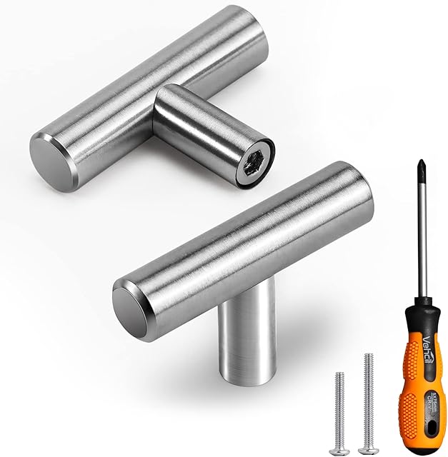VEHCIL T Bar Round Cabinet Knobs,20 Pack Single Hole Brushed Satin Nickel Cabinet Pull Handles for Kitchen Cupboard Closet Bathroom Dresser Drawer,Modern Euro Bar Style,Stainless Steel