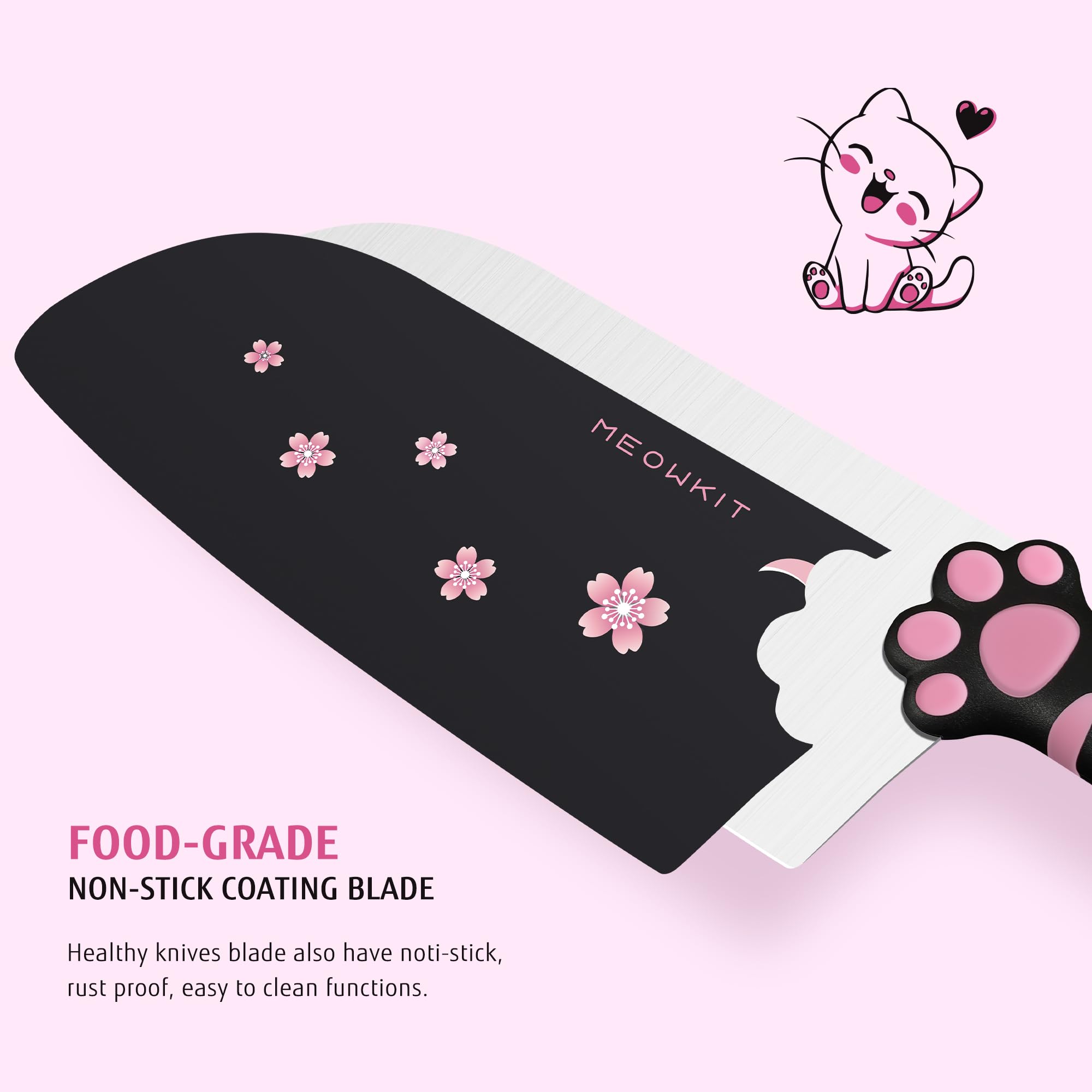 Bloc de Couteaux de Cuisine 5 Pièces, Set de Couteaux Professionnels en Acier Inox avec Ciseaux, Design Patte de Chat, Noir et Rose, Décoration de Cuisine Moderne