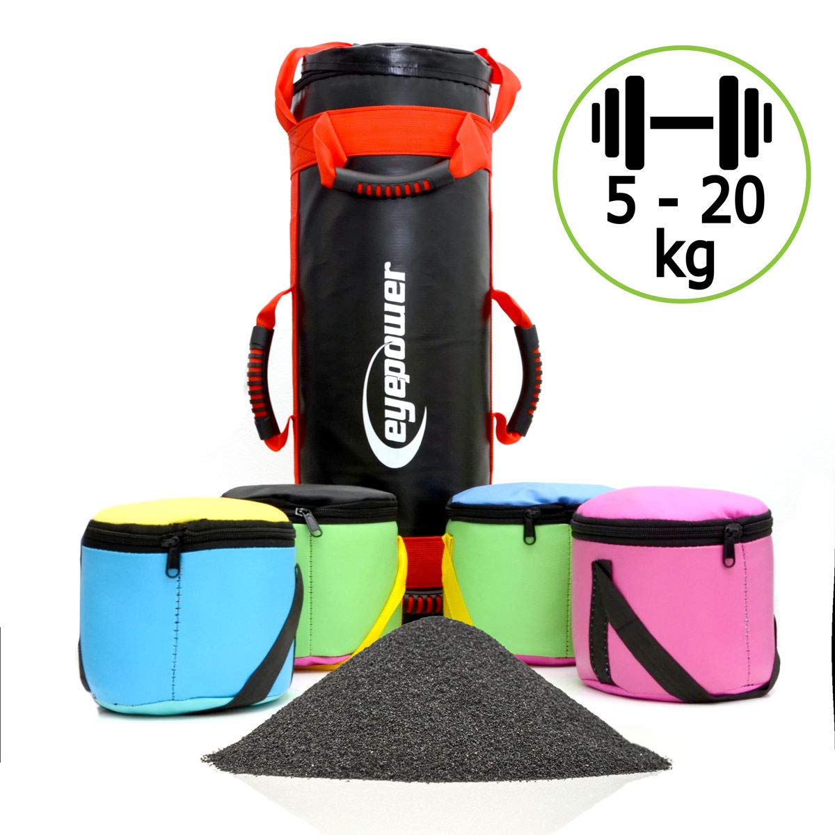 EYEPOWER 20kg Power Bag + 4 Kettlebell Gewichte - Befüllt mit Eisensand - Besser als Geräte: 6 Griffe Fitness Sandbag für Zuhause - 20x60cm Gewichtssack für Home Training - Bauch- und Rückentrainer