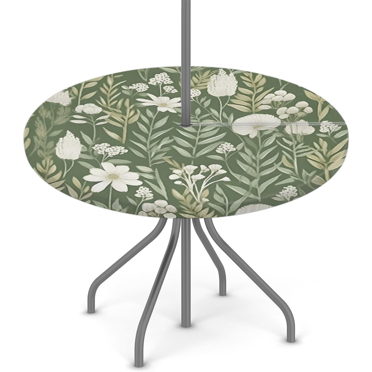 Nappe ronde avec trou pour parasol et fermeture éclair à essuyer facilement avec bords élastiques - Protection de table pour extérieur, jardin, patio, barbecue (Fleur verte en forme de feuille