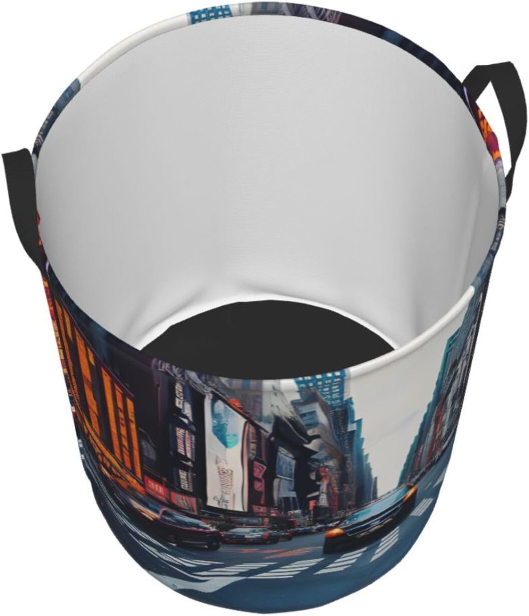 New York City Round Waterproof Oxford Fabric Large Clothes Basket Laundry Hamper With Handles,Toy Storage