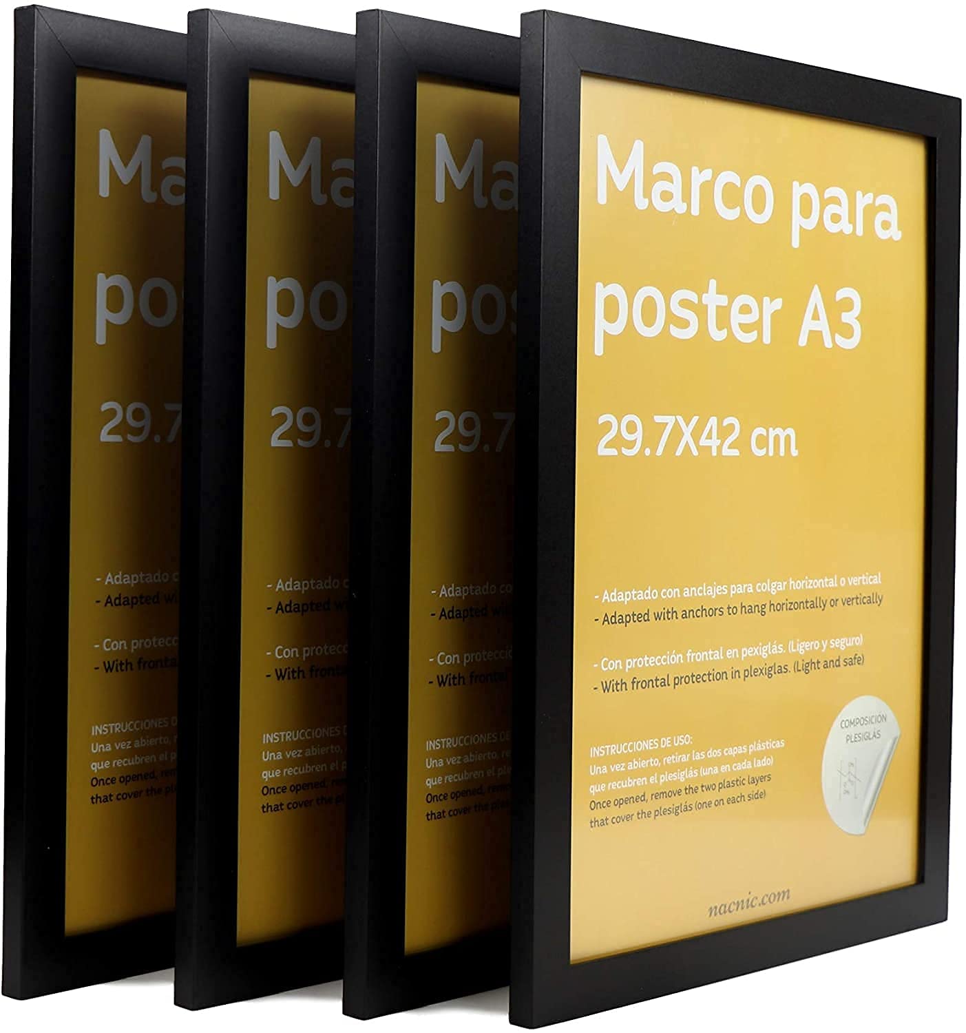 Nacnic - Pack 12 Marcos de Madera MDF Negro y Vidrio Acrílico | Protección y Expositor de Fotografías, Láminas, Pósters, Cuadros y Decoración para Salón, Dormitorio u Oficina | A3 (29,7x42 cm)