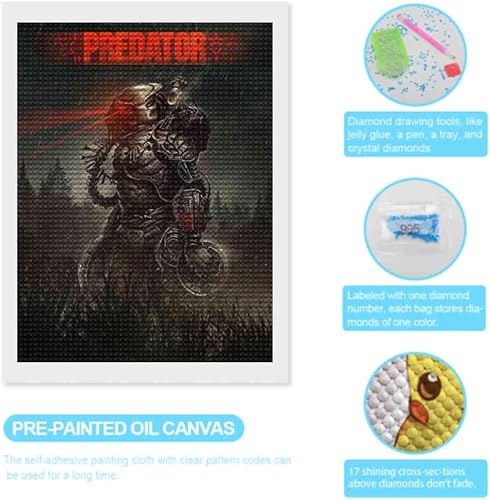 Miniatura 3 de qich Kits de pintura de diamantes 5D para niños, película clásica depredador, taladro completo redondo para adultos, bordado de diamantes de