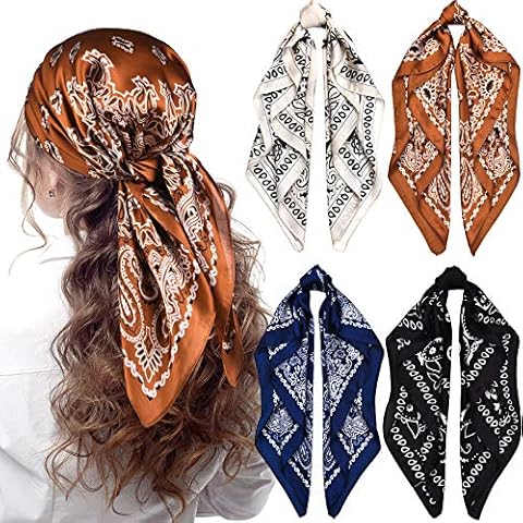 Syhood 4 Pcs 27'' Square Satin Head Scarves Satin Bandanas for Women Satin Headband Scarves Silk Feeling Scarf Boho Headwear (Navy Blue, Coffee, Black Beige) Cover