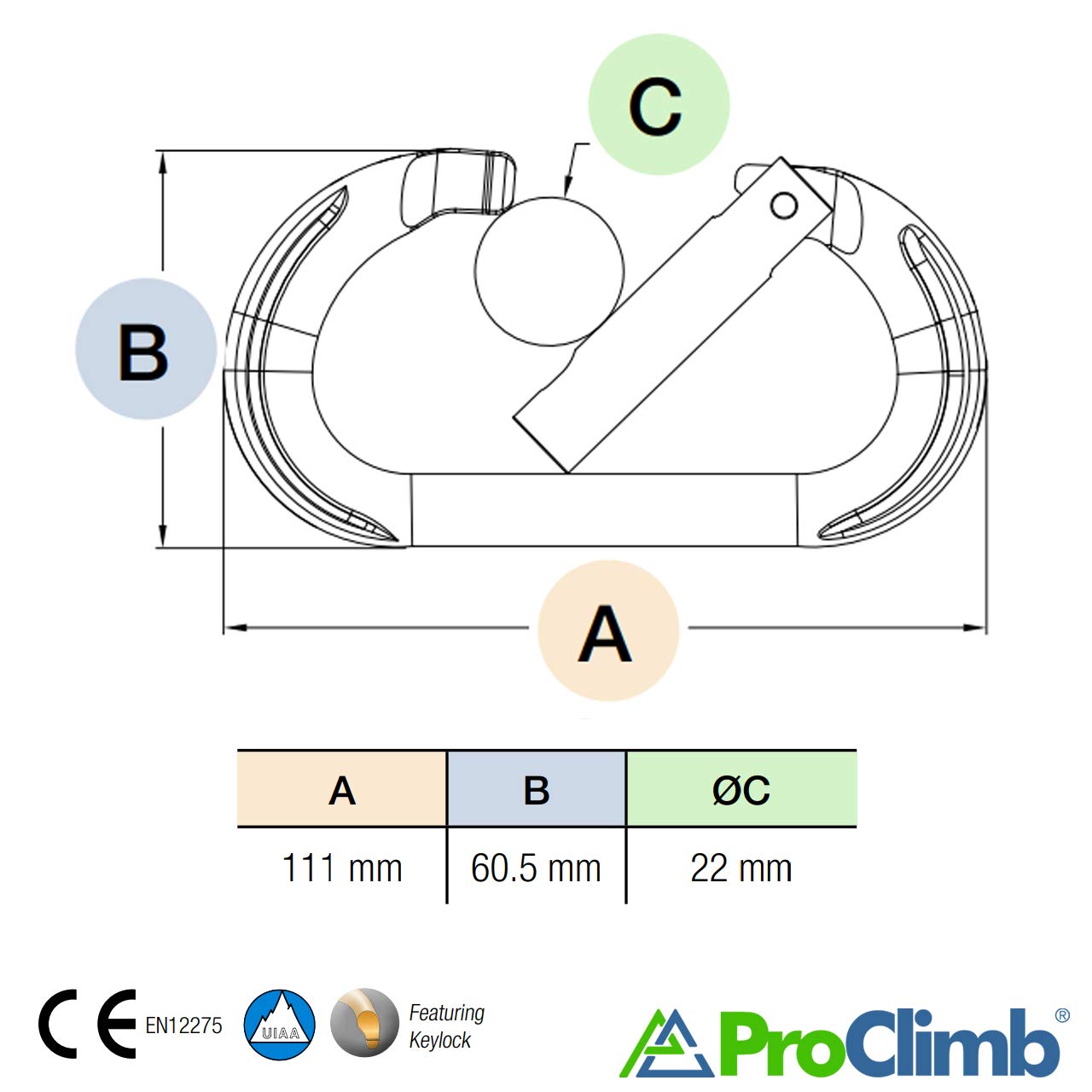 ProClimb Oval Aluminum Carabiner Straight Gate Keylock 7kN
