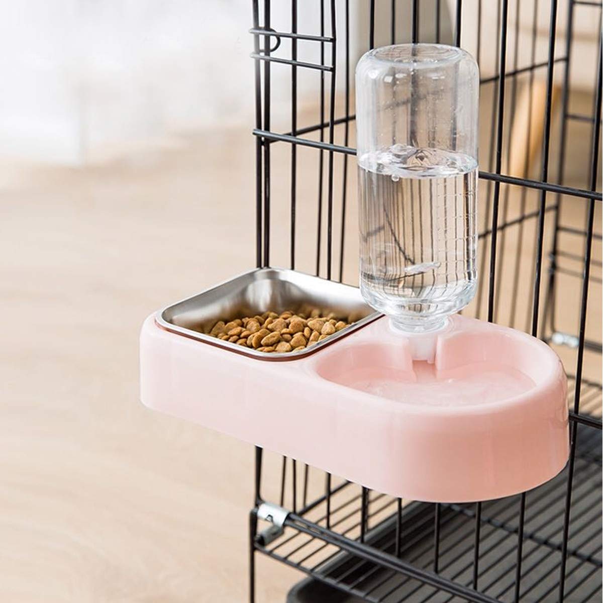 Cage Dual Bowl with Water Bottle, Removable Stainless Steel Food Feeder, 2 in 1 Design for Cat Dog Bird Rabbit, Pink