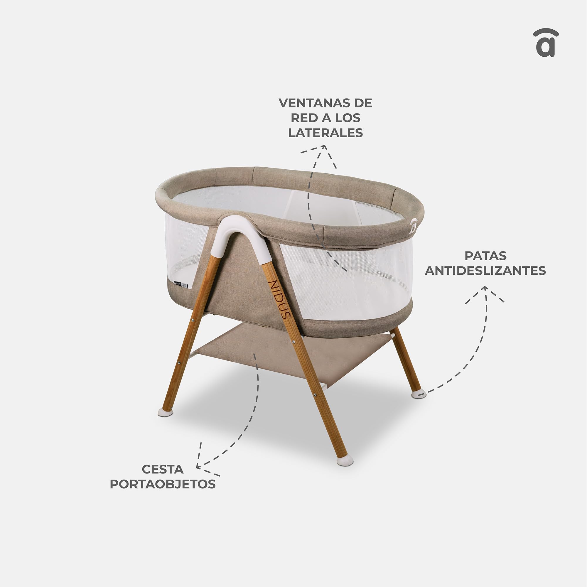 Asalvo Nidus Mini-Berceau Cododo Bébé, Réglable en Hauteur, Structure Pliable, Matelas Inclus, Tissu Respirant, Berceau Cododo Sécurisé, Beige
