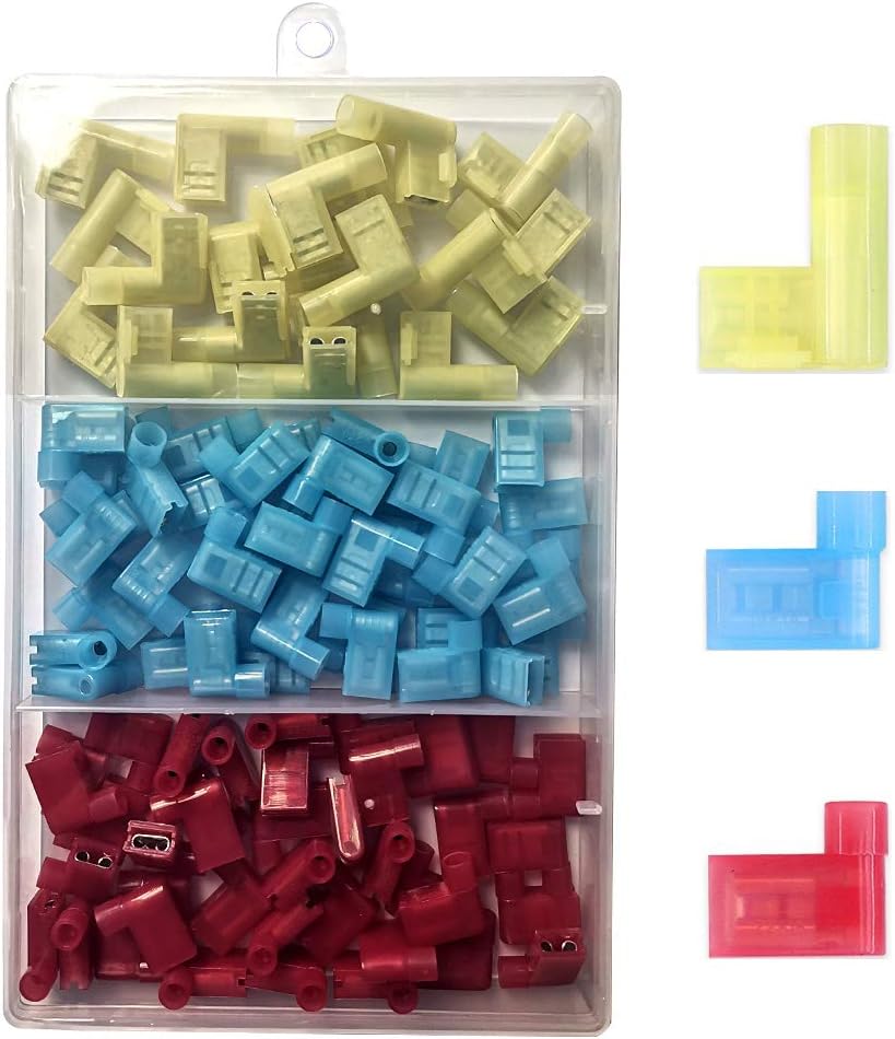 Gebildet 100pcs 90 Degree Nylon Insulated Flag Terminal Female, F Type Wire Crimp Electrical Connector, Full Insulated Female Push On Wire Terminal 12-10 AWG/ 22-14 AWG (Red 40, Blue 40, Yellow 20)