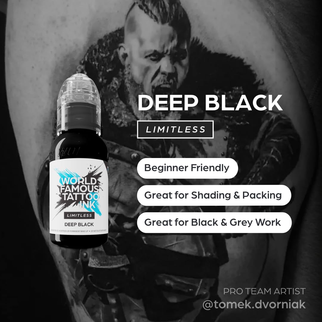 World Famous Tattoo Ink Limitless - Deep Black Tattoo Ink - Professional Tattoo Ink & Tattoo Supplies - Skin-Safe Permanent Tattooing in Bold Shades - Vegan & Non-Toxic (1 oz)
