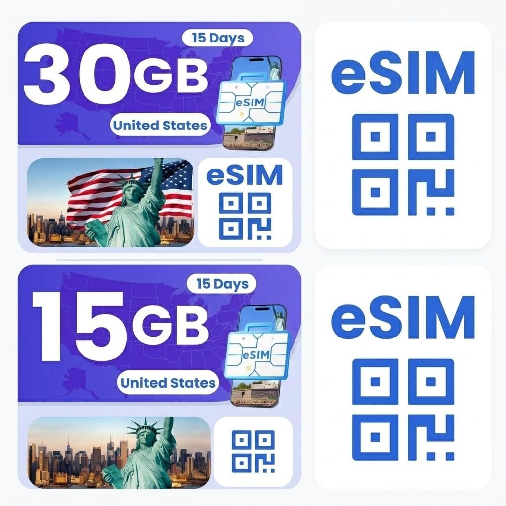 eSIM Bundle for International Travel, USA 30GB/ 15 Days – USA 15GB/ 15 Days, 4G/5G Speed, Hotspot Supported, Instant Activation in 10 Minutes
