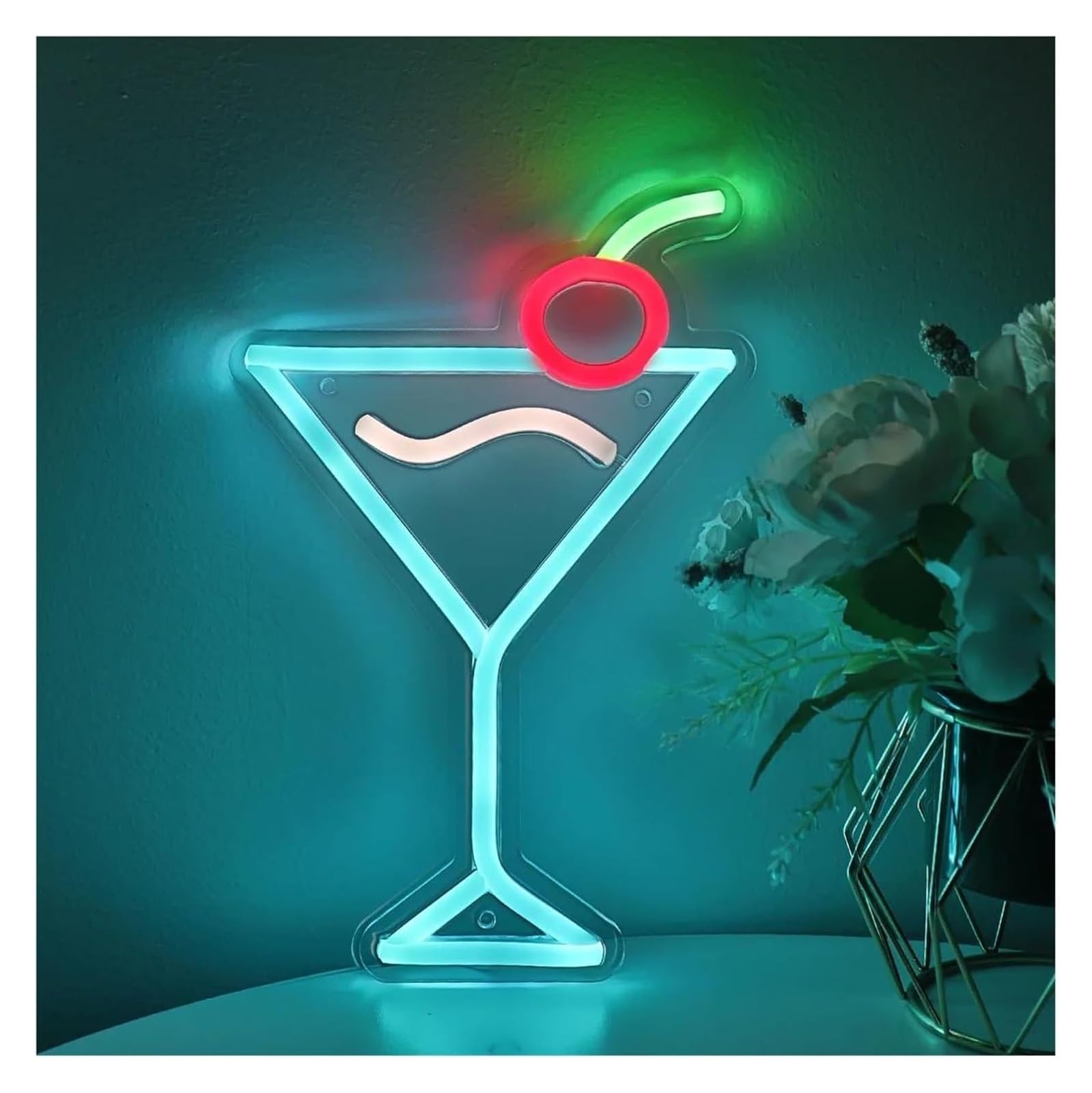Lampe LED néon bleu glacier avec motif cocktails et cerises pour une décoration murale créative pour un pub 16,3cmx25,1