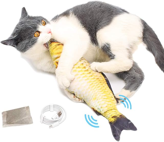 PeSandy Flopping Fish Cat Toy, 11'' Moving Cat Kicker Fish Toy with Sensor for Cat/Kitten Biting, Chewing and Kicking -Interactive Realistic Plush Simulation Doll Fish with Catnip Bag, USB Charging