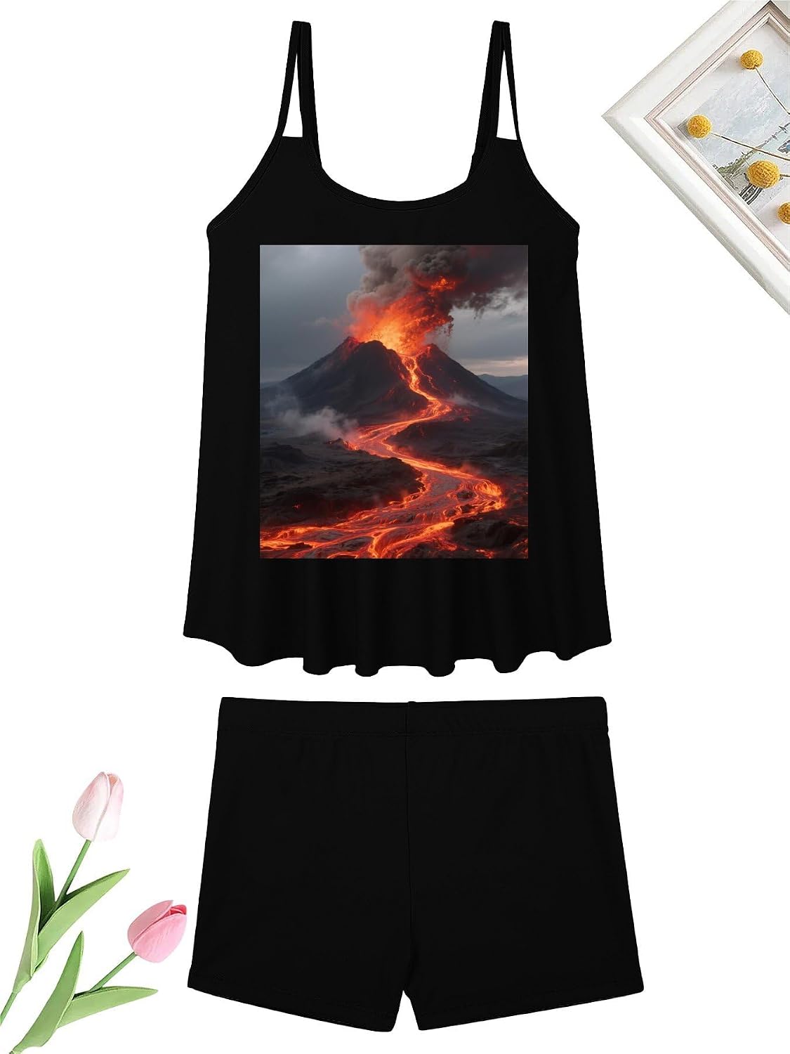 Volcano Tankini Swimsuits for Women Tummy Control Two Piece Bathing Suits Swim Tops with Boy Shorts