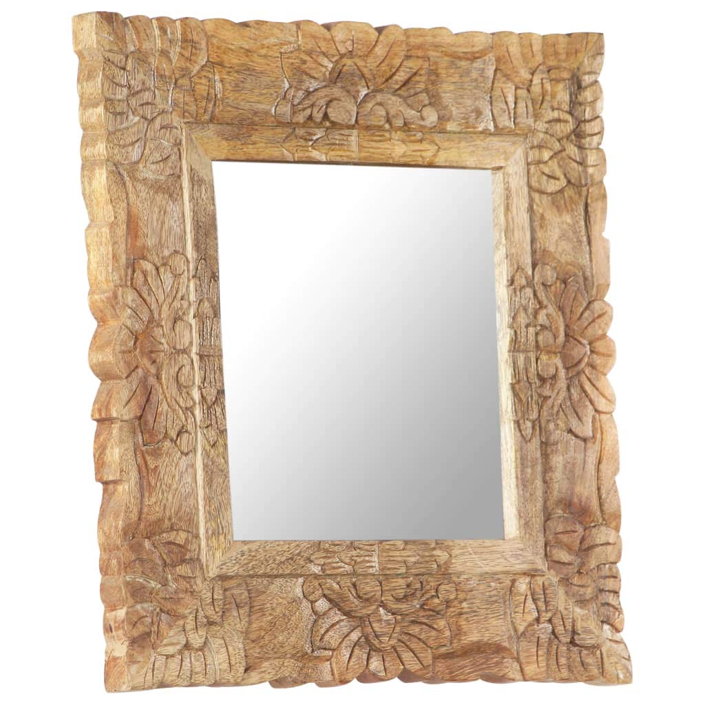 Spiegel aus massivem Mangoholz 50 x 50 cm mit handgeschnitztem Muster, freistehend für Flur Garderobe Schlafzimmer Bad, Deko Wand Spiegel für Make-up und Rasur