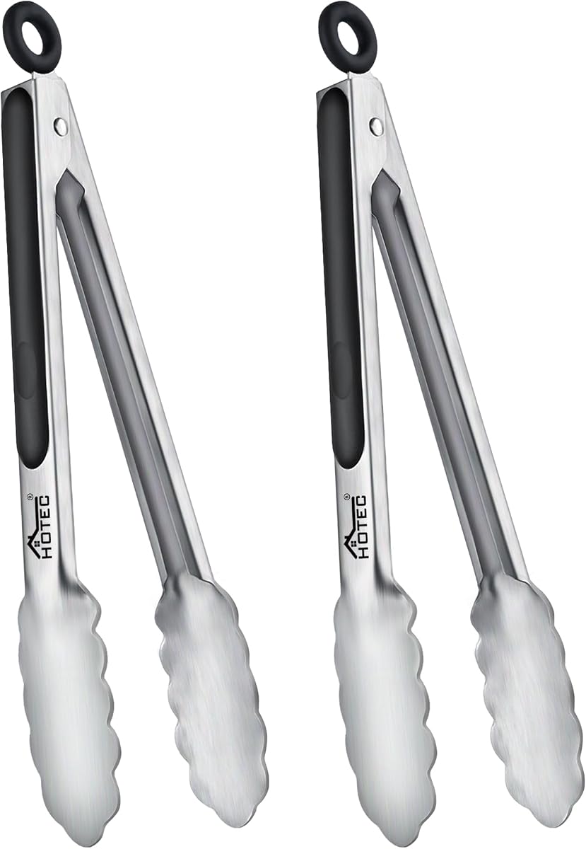 Hotec Stainless Steel Kitchen Tongs, Locking Metal Food Tongs for Cooking, Serving, BBQ, Grill & Air Fryer with Non-Slip Grip, Set of 2-9"