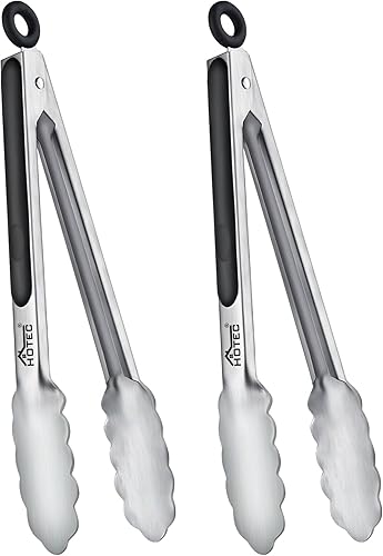 Hotec Pinzas de Cocina de Acero Inoxidable, Juego de 2-9", Pinzas de Metal con Bloqueo para Cocinar, Servir, BBQ, Parrilla con Agarre Antideslizante