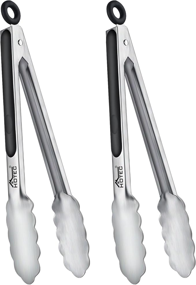 Hotec Stainless Steel Kitchen Tongs, Set of 2-9" and 12", Locking Metal Food Tongs for Cooking, Serving, BBQ, Grill Non-Slip Grip