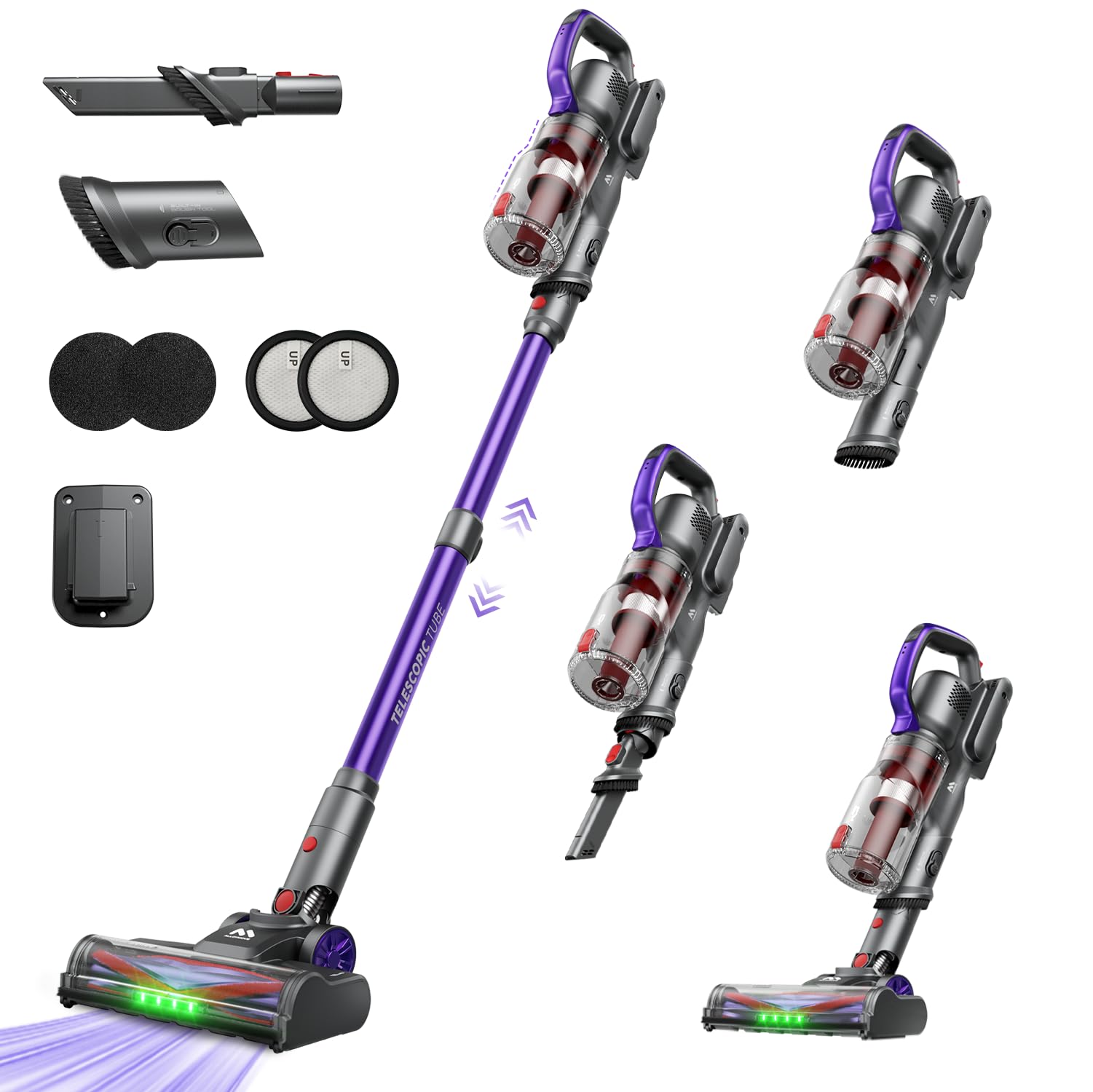 AlloyMove Akku Staubsauger Kabellos 48000Pa/450W/65Min, Leichter Staubsauger mit V-Anti-Tangle-Bürste mit LED-Licht, 65dB Ultra Leise, Selbststehend für Tierhaare Teppiche Hartböden A03