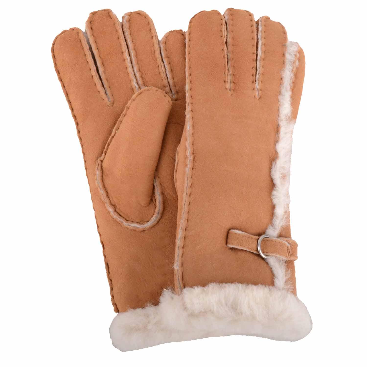 SNUGRUGS Womens Sheepskin Glove with Wool Out and Buckle Detailing, Tan, Extra Large