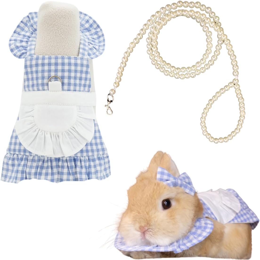 Rabbit Harness and Leash with Lovely Bow Tie - French Maid Style Bunny Harness Escape Proof for Walking Running Hiking Camping Outdoor - Cute Small Animal Harness Leash Set (Light Blue,Large)