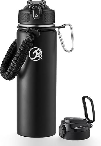 Miniatura 9 de GOSWAG Botella de agua deportiva aislada, 24 onzas, 2 tapas (con pajita/sin pajita), botellas de agua de acero inoxidable con asa de paracord