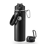 GOSWAG Insulated Sports Water Bottle, 24oz 2 Lids(with Straw/No Straw), Stainless Steel Water Bottles with Paracord Handle, Insulated Bottle with Double-Wall Vacuum Insulation