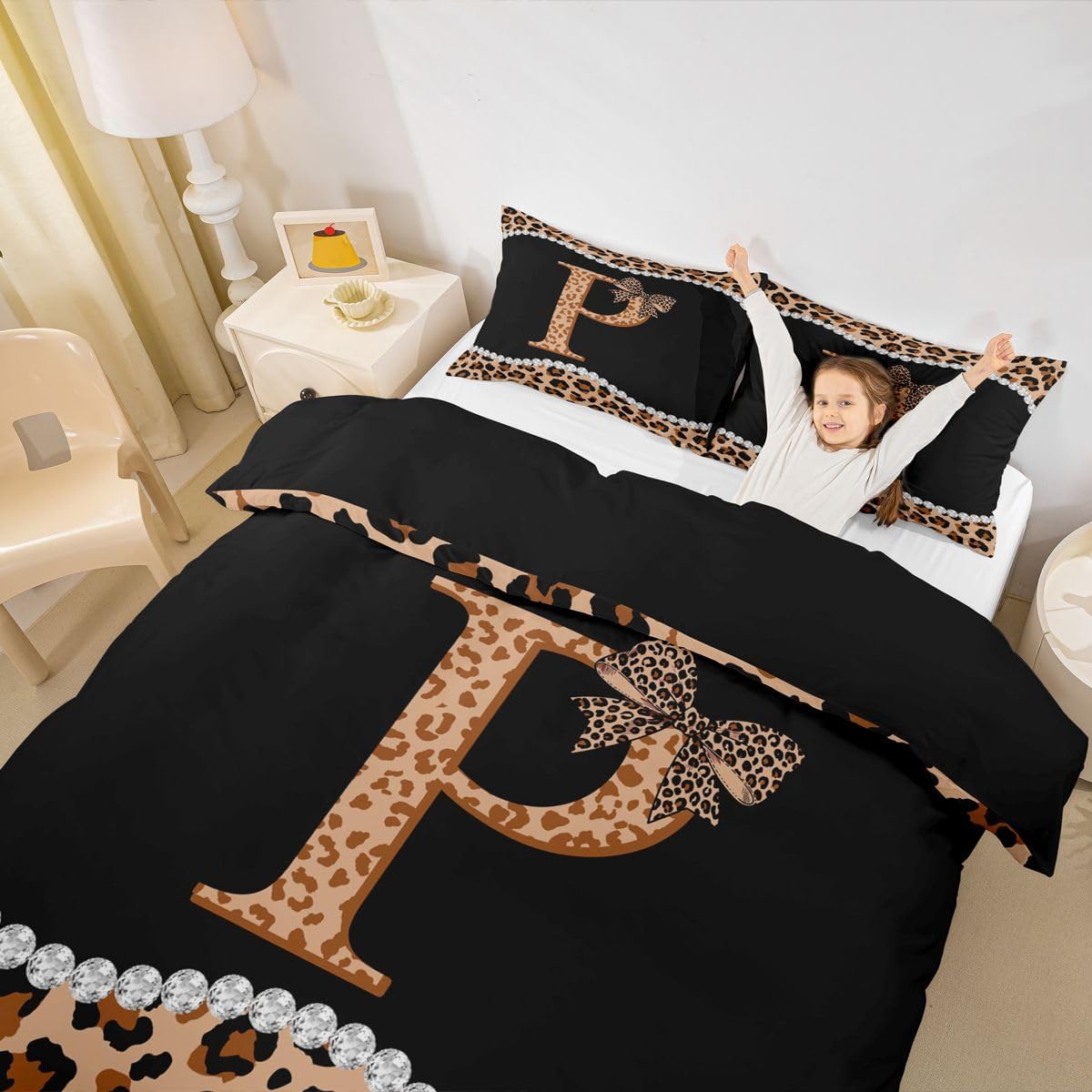 jejeloiu Brown Cheetah Bow Duvet Cover Toddler Size Coquette Bowknot Bedding Set Breathable Soft Initial Letter B Comforter Cover 2Pcs Leopard Print Bedroom Decor