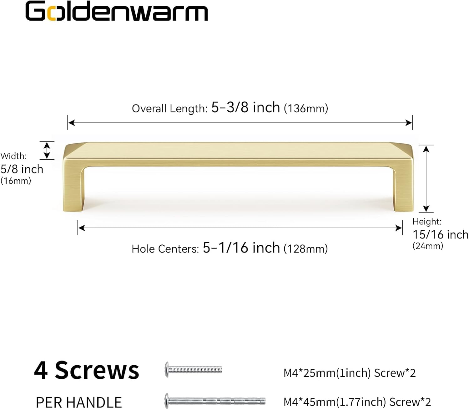 goldenwarm 4 Pack Gold Wardrobe Handles 128mm Hole Centers, Solid Brushed Brass Kitchen Cupboard Handles Zinc Alloy