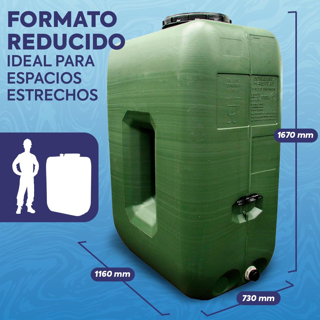 Depósito de Agua 1000L - Tanque de Polietileno Resistente para Uso Alimentario, Protección UV, Diseño Eficiente y Compacto, Ideal para Almacenamiento en Campers y Sistemas de Agua Potable