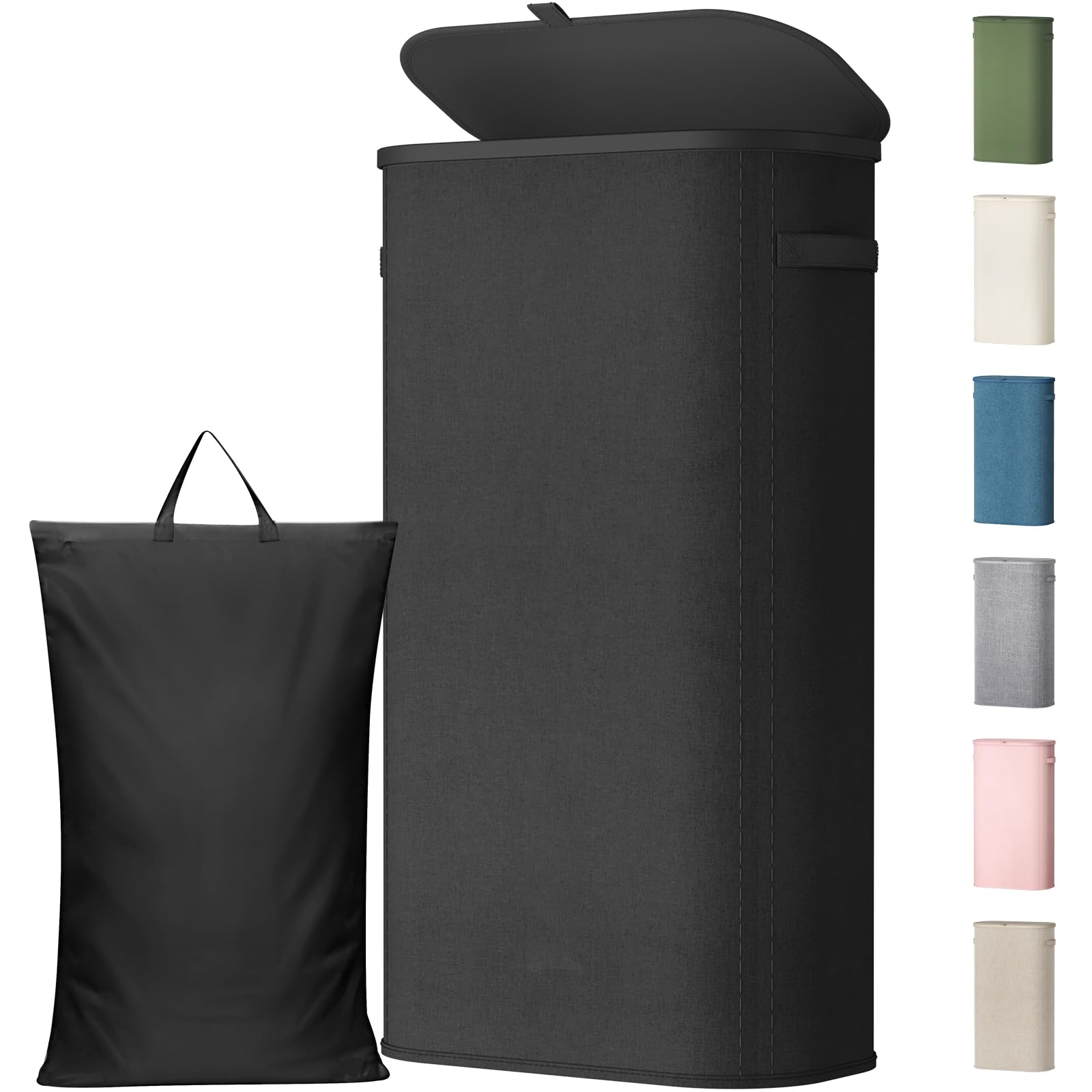 Lifewit 75L Laundry Basket with Lid, Slim Washing Basket with Handles and Bag, Large Foldable Dirty Clothes Organiser with Plastic Frame for Laundry Room, Bedroom, Bathroom, Black