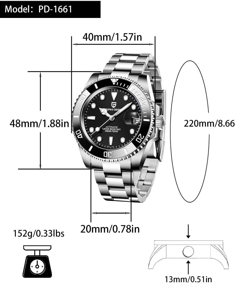 Pagani Design Herrenuhr, Japanisches Automatikwerk, Wasserdichter Leuchtkalender, Schwarz/GrüN/GrüN-Schwarz/Verlaufsblau, Pd-1661