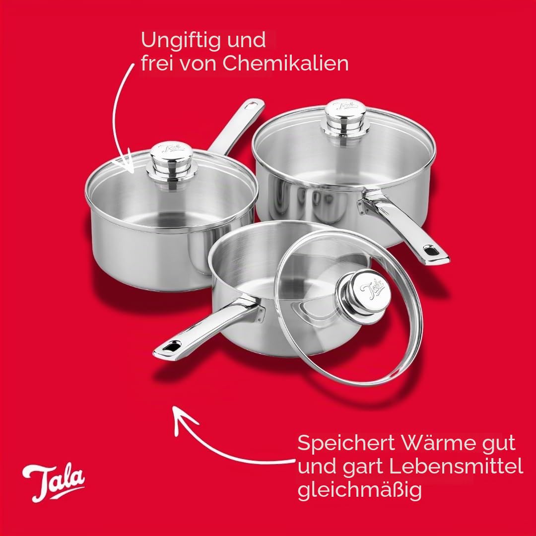 Tala Performance 3-teiliges Kochgeschirr-Set aus Edelstahl, Kochtöpfe mit Glasdeckeln, 16, 18 und 20 cm, Made in Portugal, mit Garantie, geeignet für alle Herdarten einschließlich Induktion