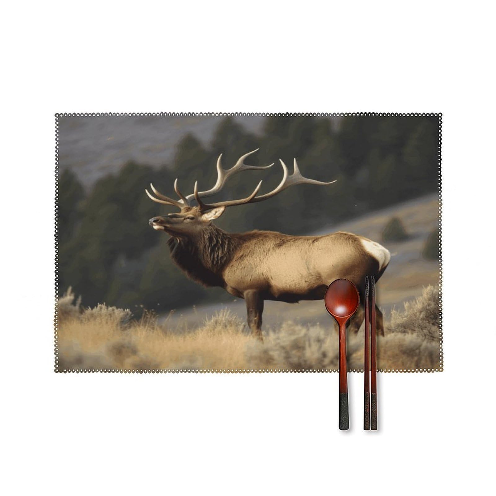 Bull Elk Placemats Set of 4 Canvas Washable Cloth Place Mats Wipeable Heat Resistant Table Mats Elegant Cloth Placemat for Kitchen Dinning Party Table Decor 12" X 18"