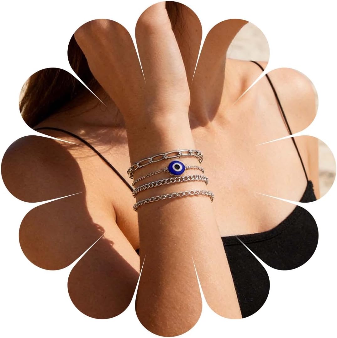 Boho Layered Evil Eye Hand Bracelet Silver Paperclip Chain Bracelet Vintage Blue Eye Slave Chain Hand Bracelet Adjustable Slave Chain Bracelet Jewelry for Women