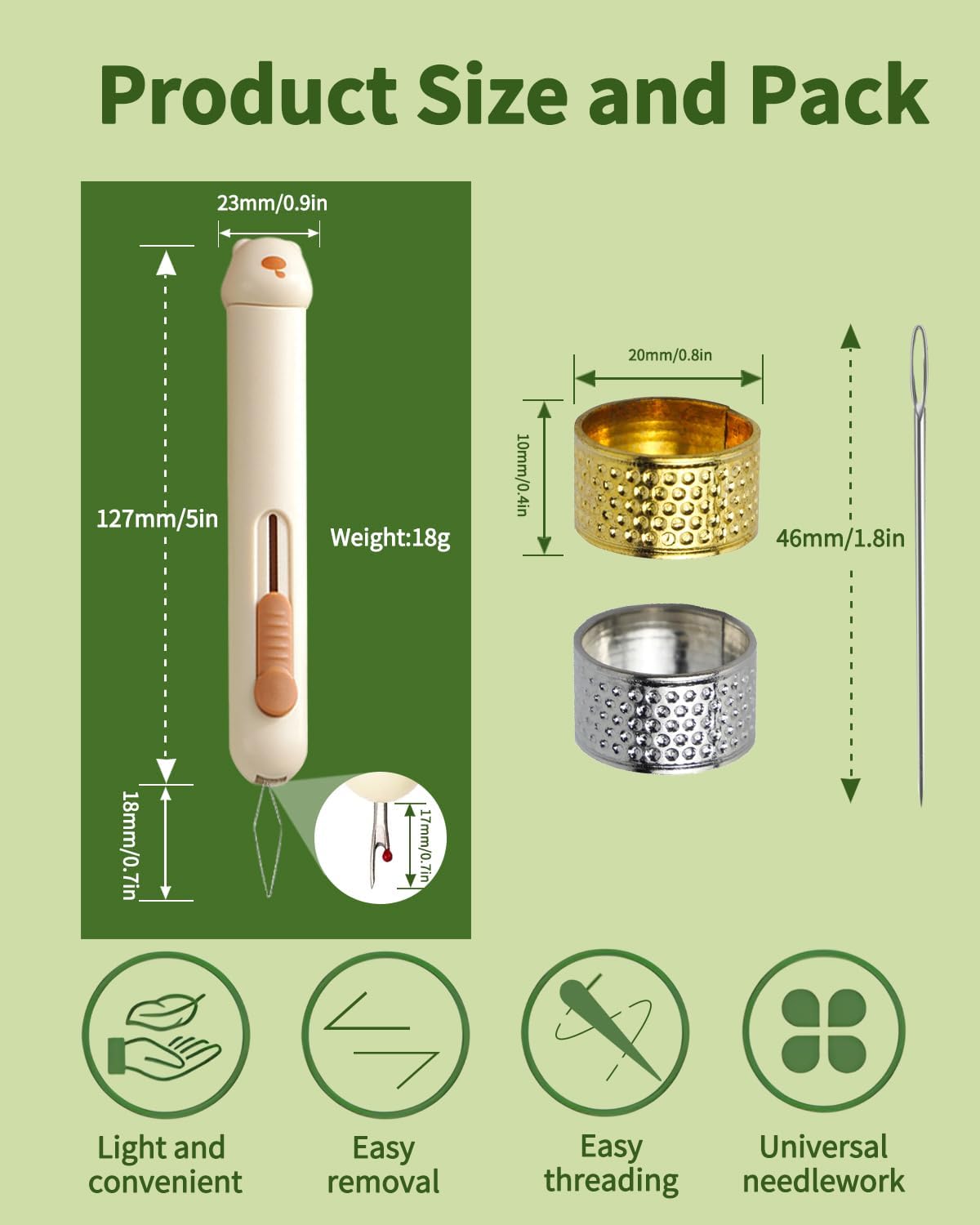 PODOEIL Automatic Needle Threader with 2pcs Sewing Thimble, 3 in 1 Needle Threaders with Needle Storage, Seam Ripper Needle Threaders for Hand Sewing, Crafting, Knitting (Beige) image 2