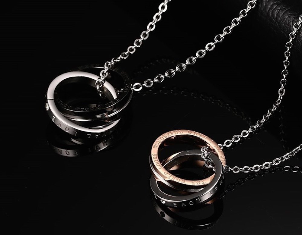 Kim Johanson Edelstahl Pärchen Schmuckset Armbänder & Ketten *Love* für verliebte Roségold & Schwarz mit Cubic Zirkonia inkl. Schmuckbeute