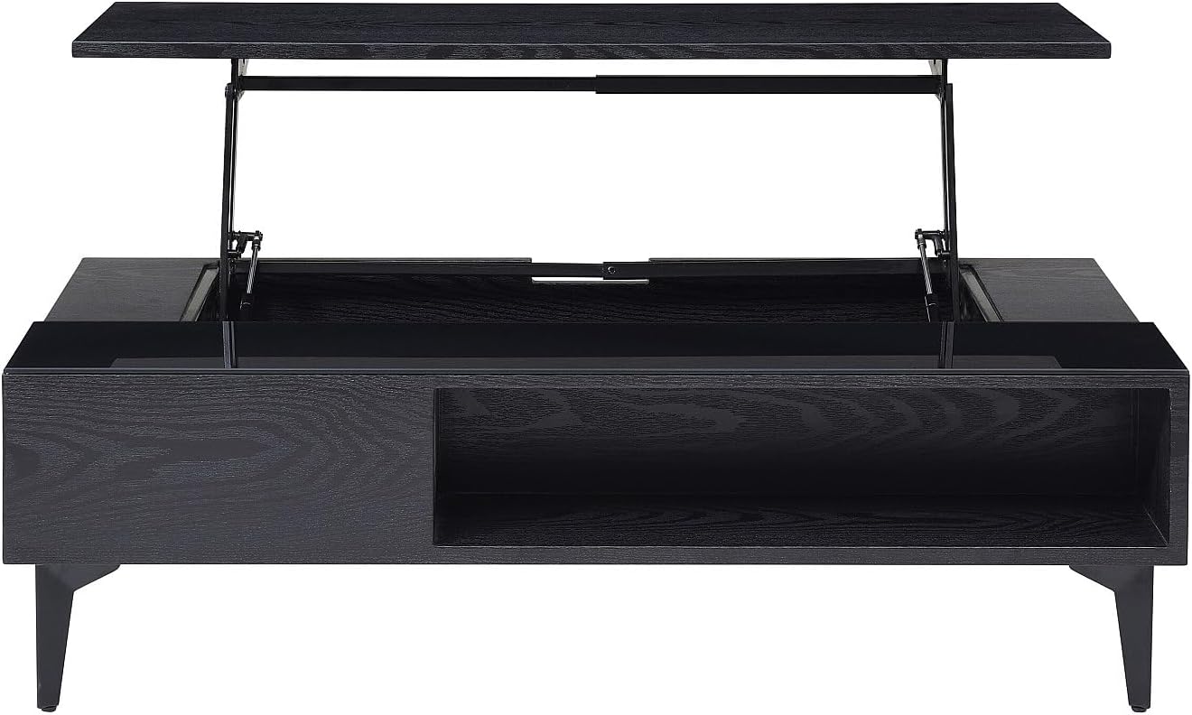 Iš arti view of the SIDELIA coffee table's lift mechanism in an extended position, showing the internal structure and storage compartment.