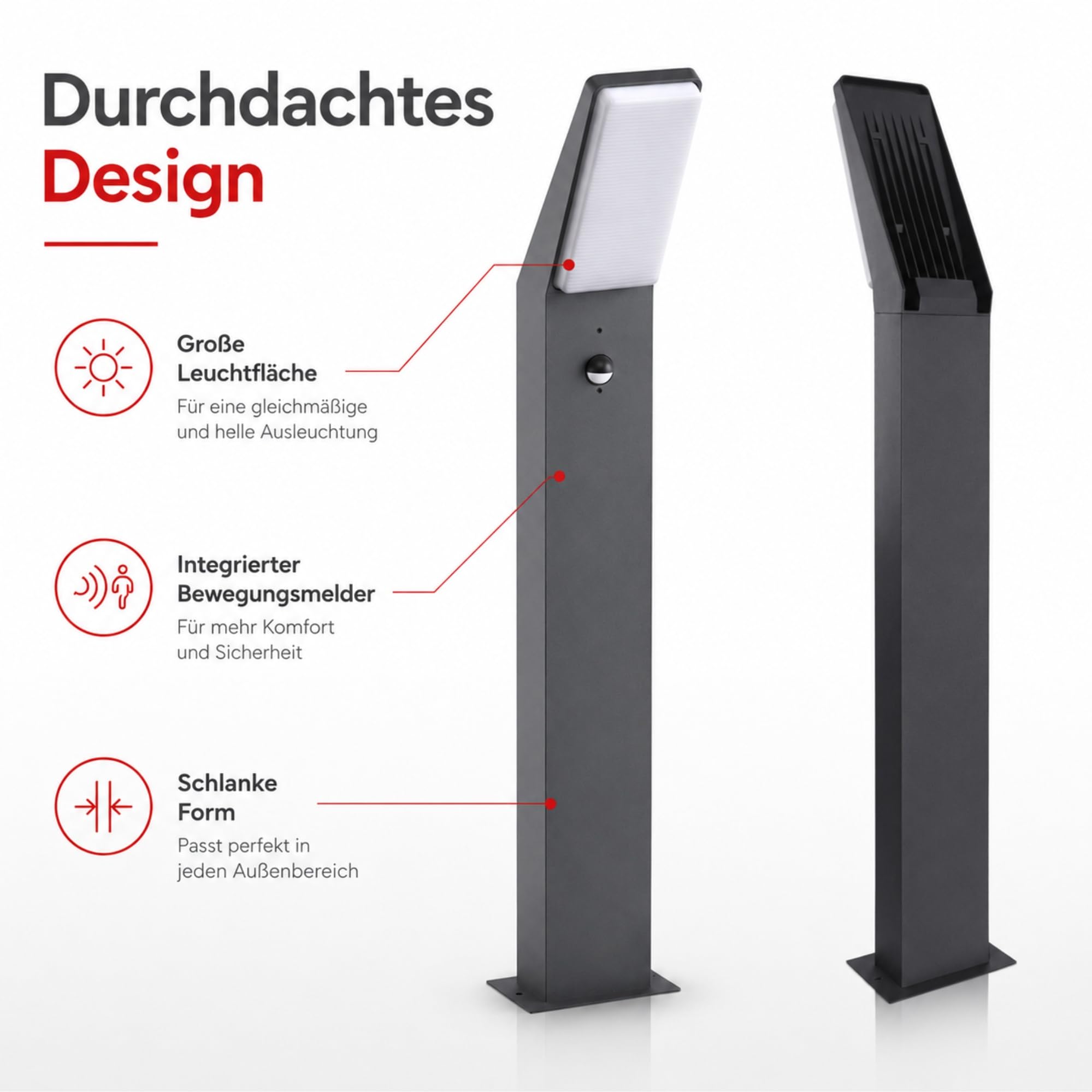Maxkomfort EVA Wegeleuchte LED Anthrazit mit Bewegungsmelder - 12W Warmweiß IP65 Wetterfest 230V Aluminium Sensor Pollerleuchte & Standleuchte für Außen Garten Terrasse & Einfahrt