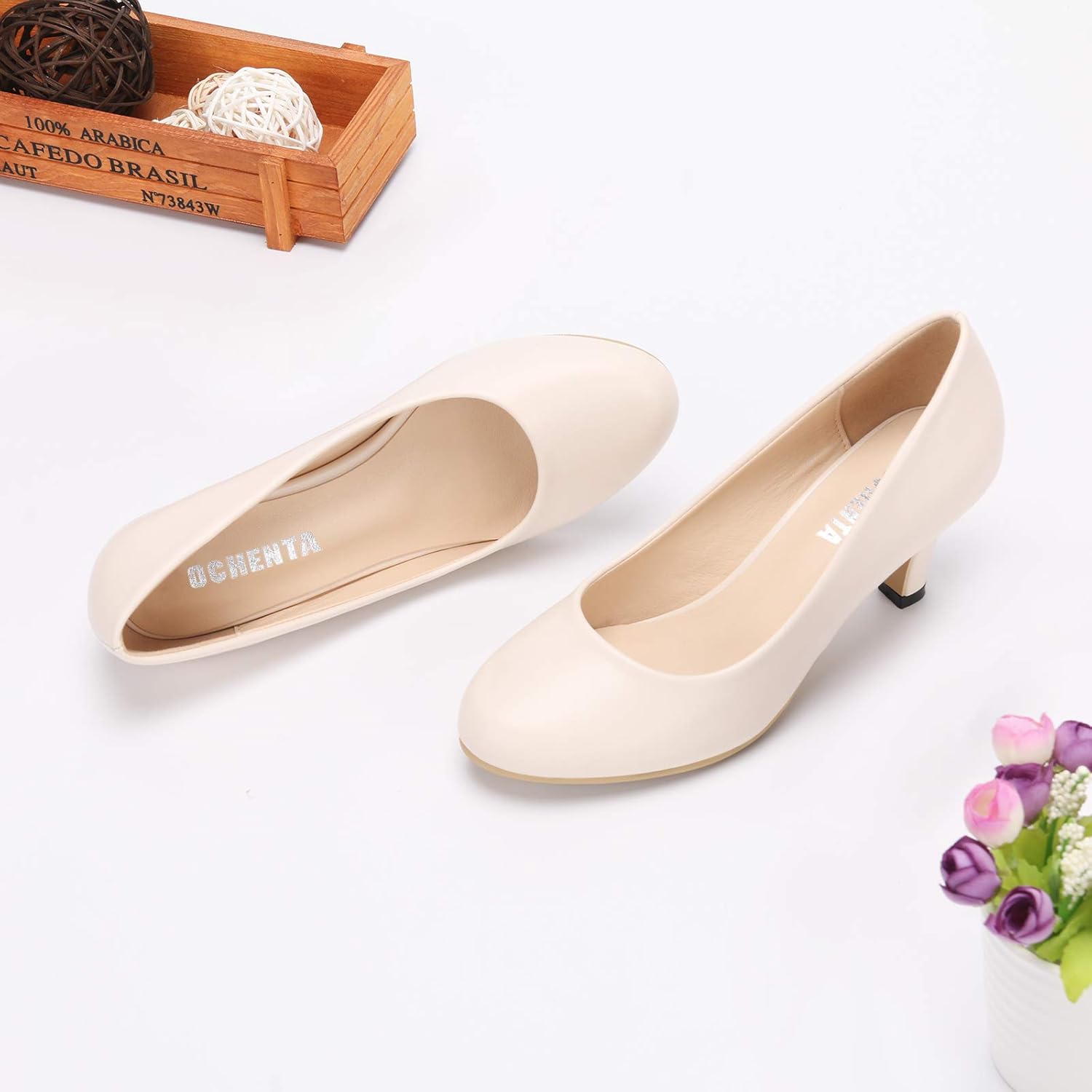 OCHENTA Women's Comfortable Low Kitten Heel Dress Shoes Round Toe Slip On Work Pumps