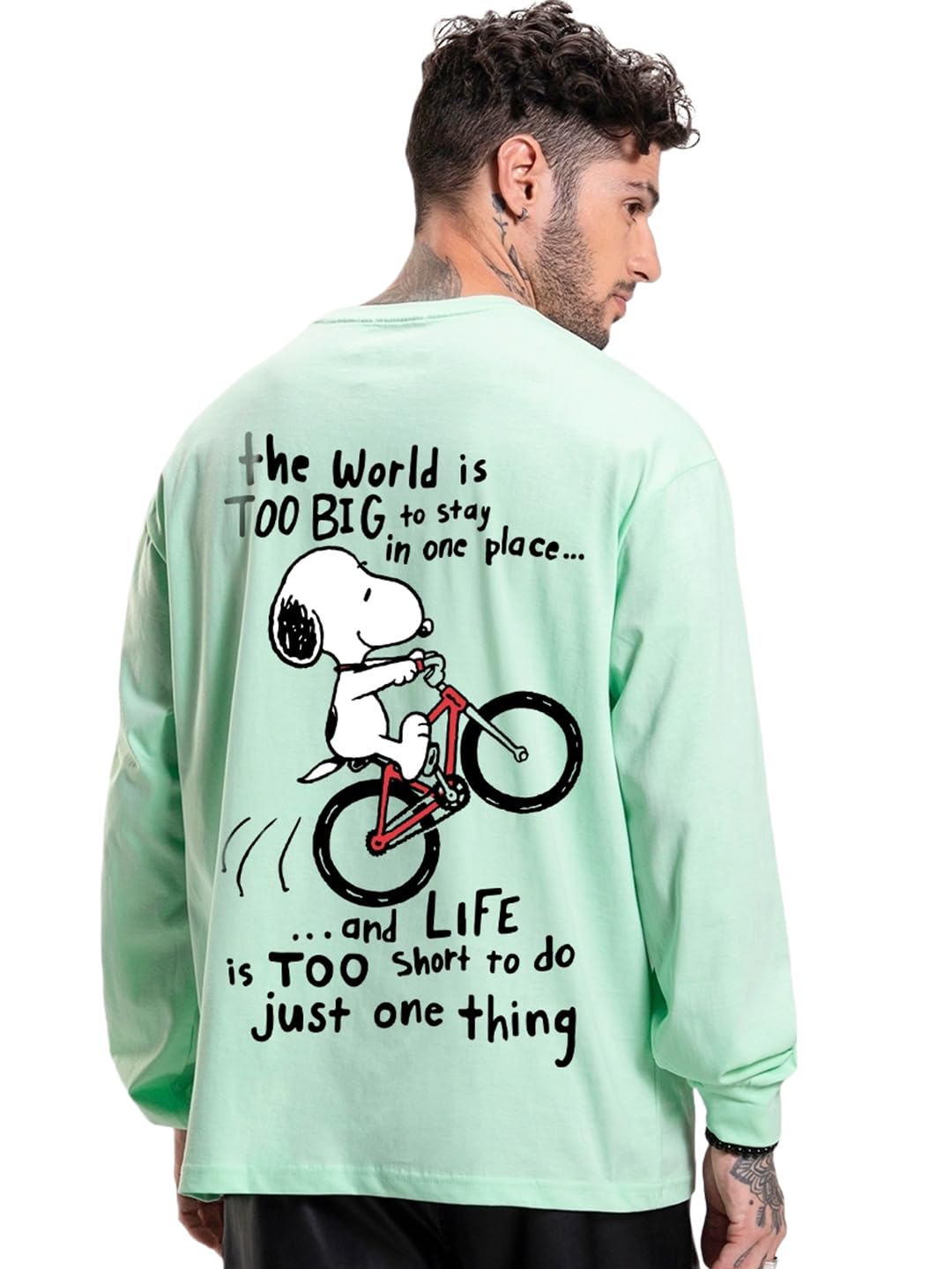 MANSLOOK Official Peanuts Merchandise Men’s 100% Cotton 220 GSM Graphic Print Oversized Fit Round Neck T-Shirt