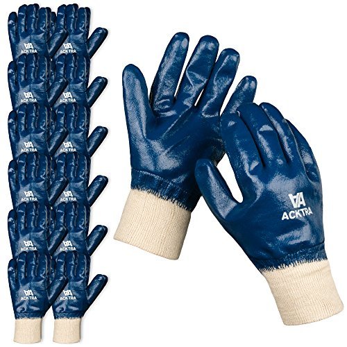 ACKTRA Nitrile Fully Coated Cotton WORK GLOVES 12 Pairs, WG005, Oil Acid Alkali Resistant (Safety Cuff), Large