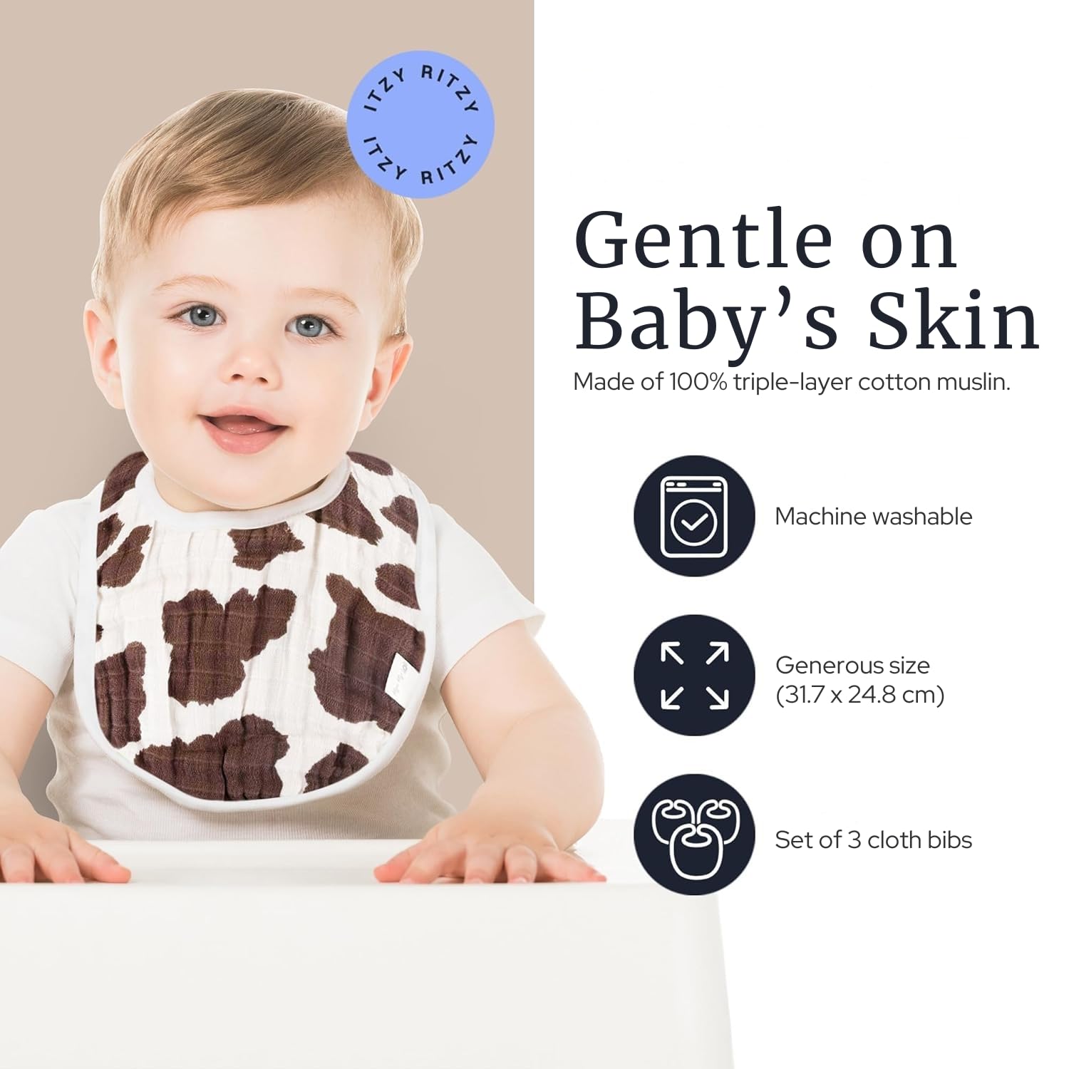 Itzy Ritzy Baby Muslin Bibs Set of 3, Soft Cotton Dribble Bibs with Adjustable Closure - Image 4